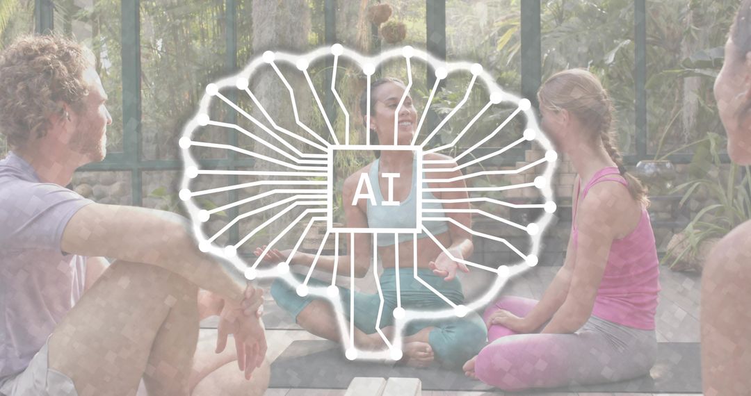 Yoga instructor leading group meditation with AI brain graphic overlay in tropical retreat