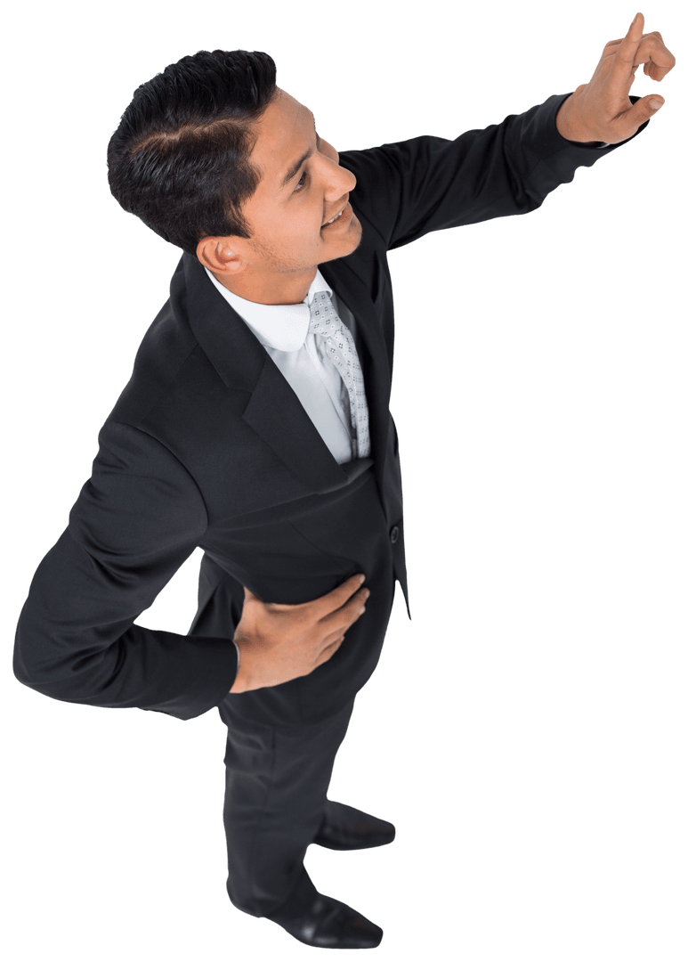 Transparent Businessman Touching Virtual Screen on White Background