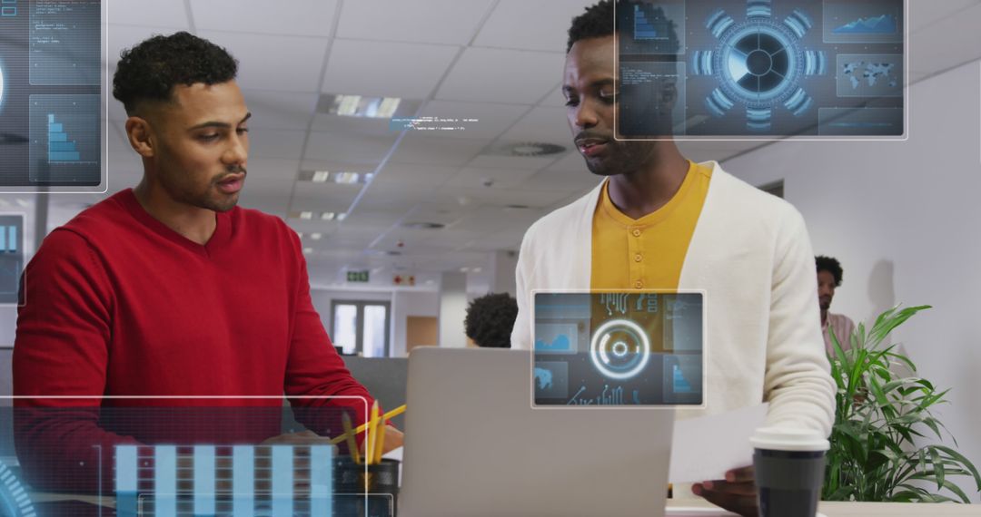 Modern Office Collaboration with Futuristic Technology Display