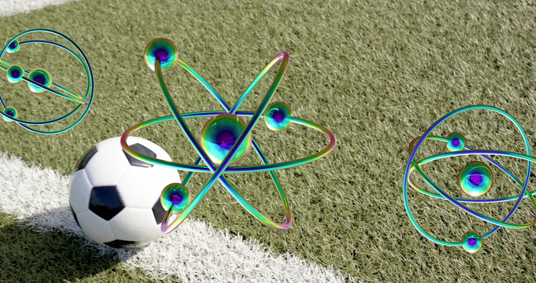 Soccer ball resting on artificial turf sideline with iridescent metallic orbital sculptures