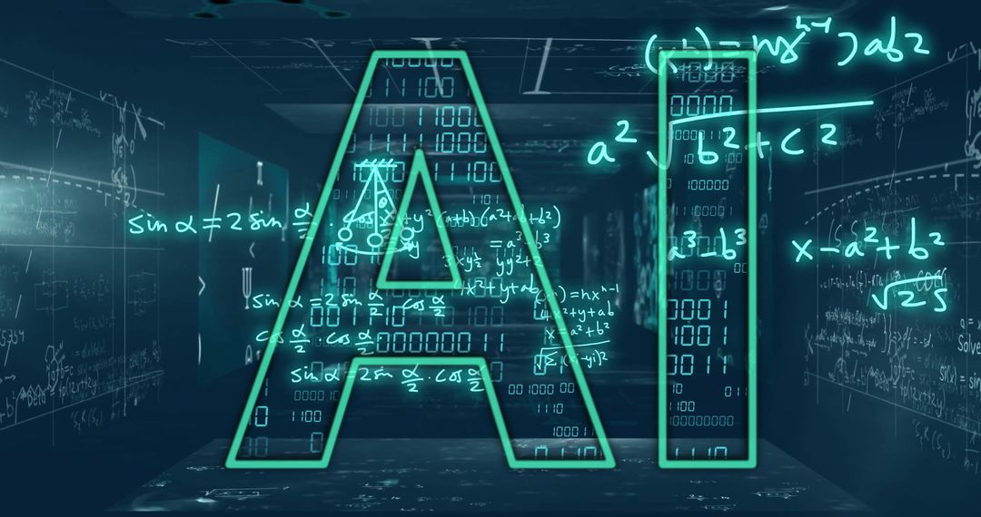 AI Glossy Text with Digital Matrix and Mathematical Formulas