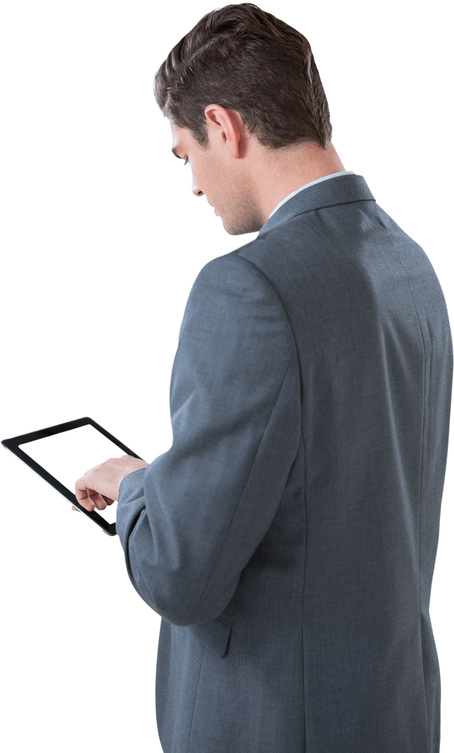 Transparent Back View Businessman Engaged with Digital Tablet