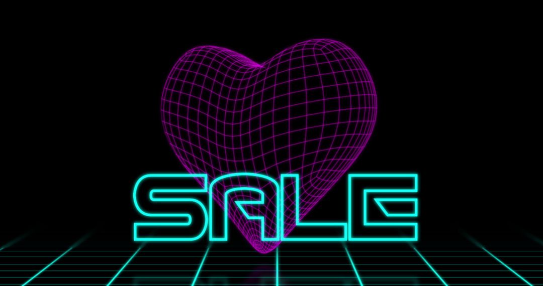 Neon Retro Sale Text with Heart Grid on Black