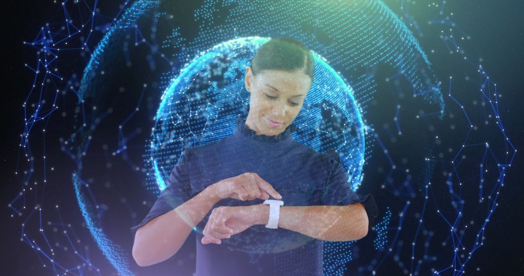 Businesswoman Using Smartwatch with Global Connection Network