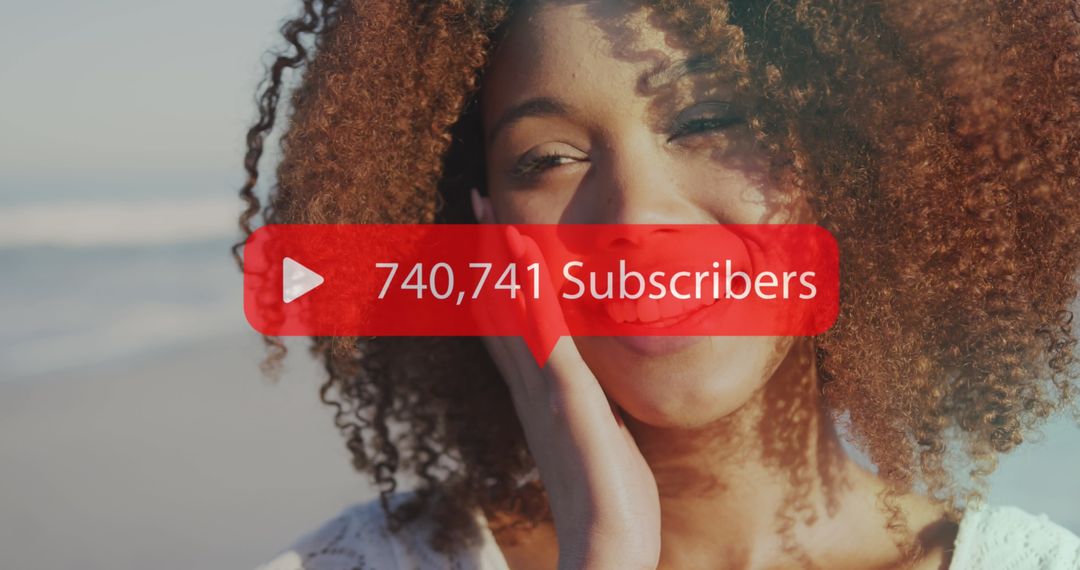 Smiling Woman Overlagyed with Digital Subscriber Count on Beach