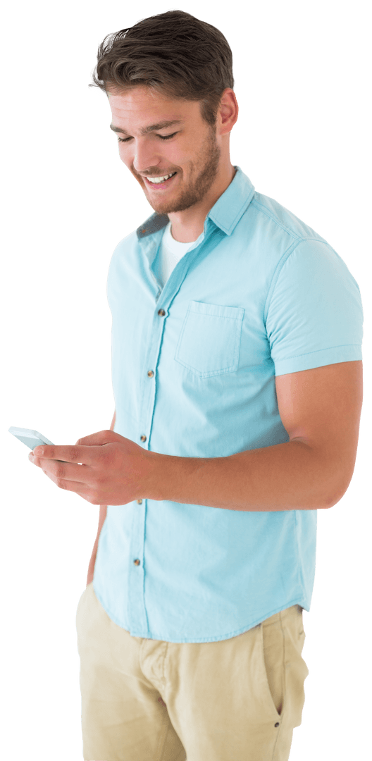 Young Man in Casual Attire Using Smartphone on Transparent Background