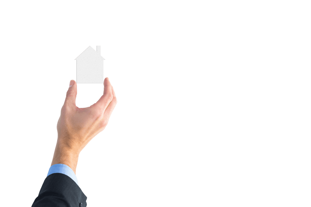 Businessman Hand Holding Small House Concept on Transparent Background