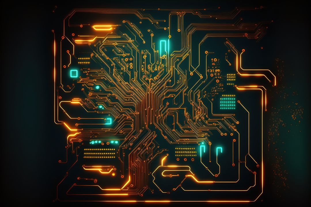 Image of computer circuit board and yellow light trails on dark background - Free Images, Stock Photos and Pictures on Pikwizard.com