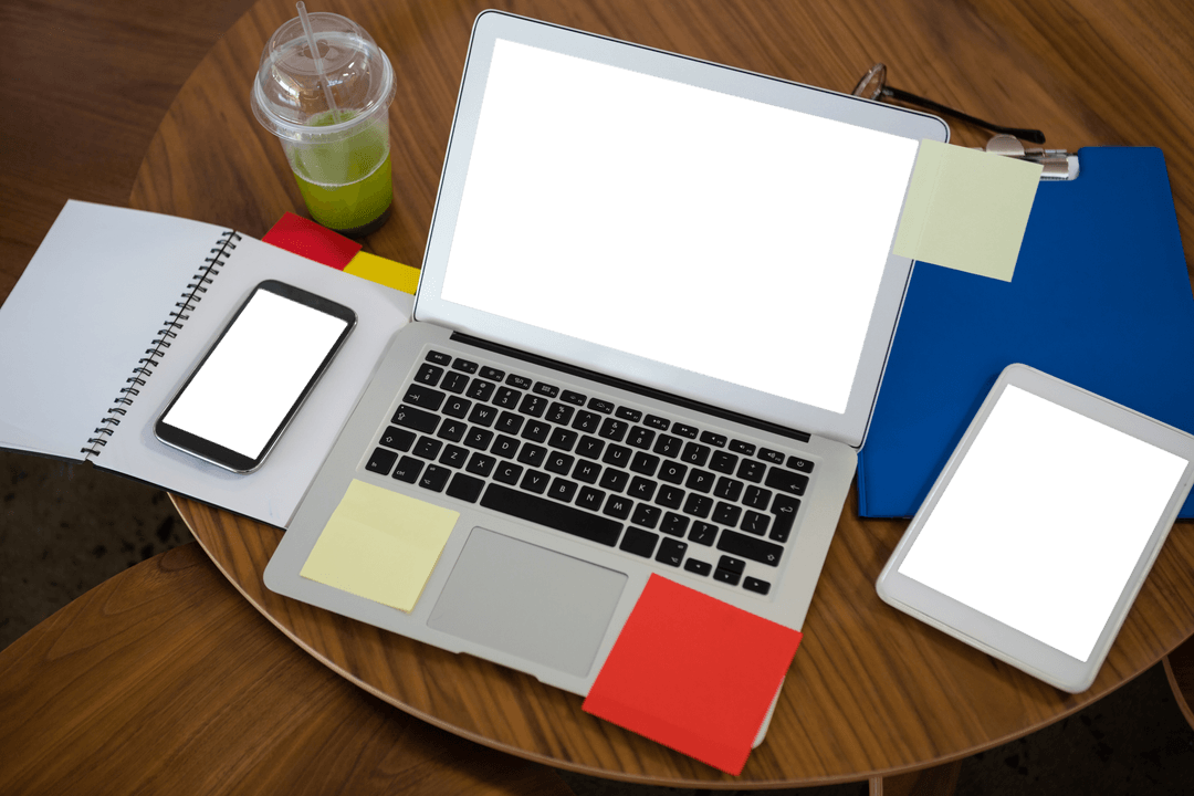 Transparent Screen Devices on Office Table with Notes and Drink - Download Free Stock Images Pikwizard.com