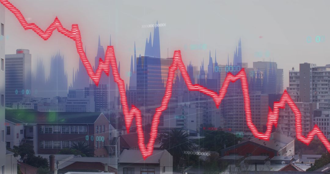Cityscape with Financial Data Overlay and Digital Graphics