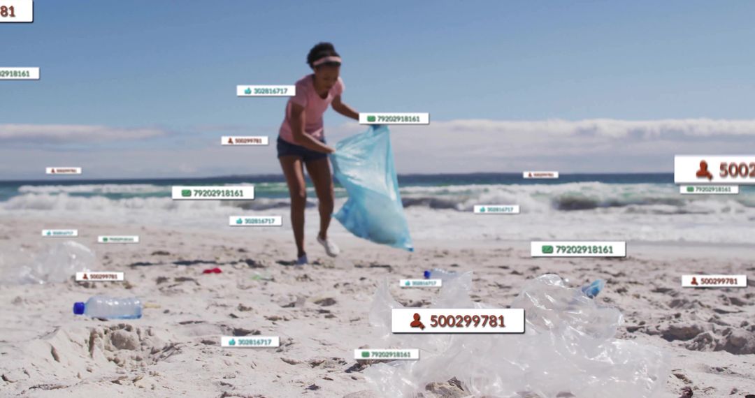 Environmental Activist Collecting Litter on Beach with Digital Counters