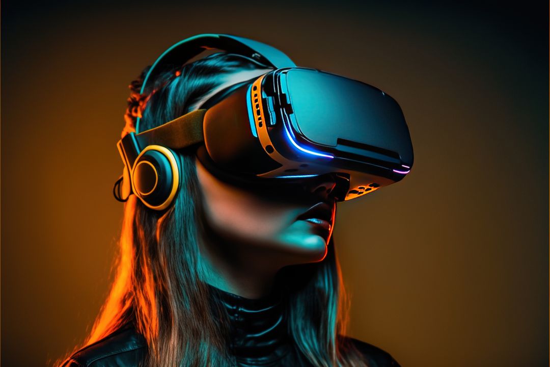 Caucasian woman in vr headset, in glowing orange light, created using generative ai technology - Free Images, Stock Photos and Pictures on Pikwizard.com