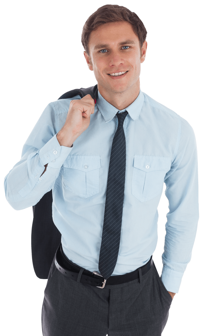 Transparent Professional Businessman Holding Jacket Smiling Confidently