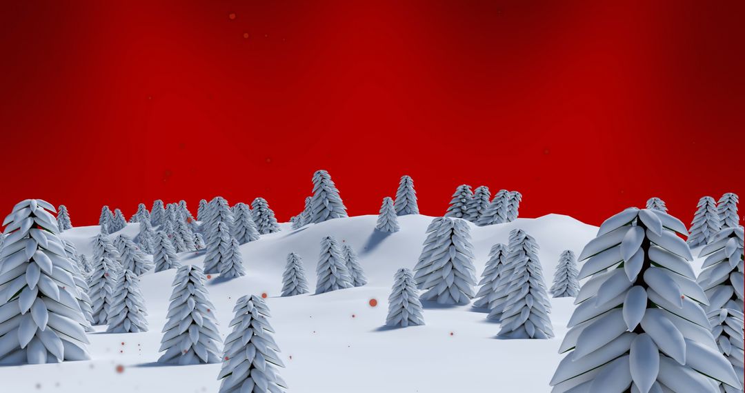 Snowy Fir Trees Under Red Sky Creating Festive Ambiance