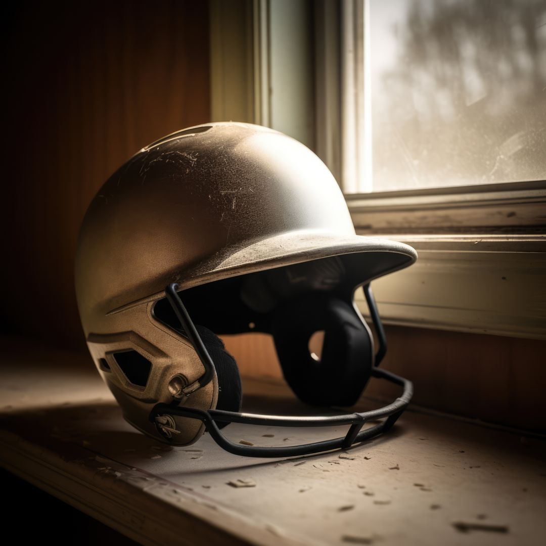 Baseball Helmet on Window Sill Creating Rustic Atmosphere - Free Images, Stock Photos and Pictures on Pikwizard.com