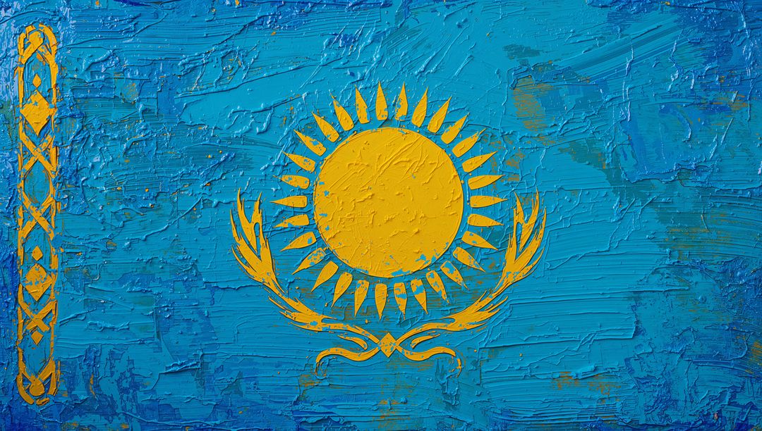 Textured Kazakhstan Flag with Golden Sun and Steppe Eagle Emblem in Thick Impasto Brushwork