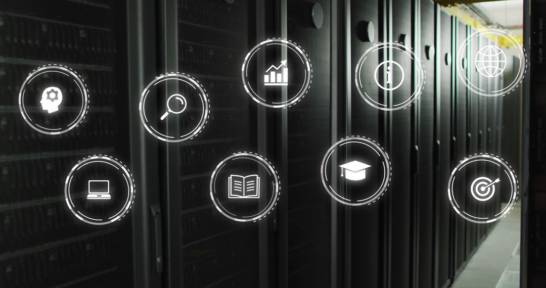 Networking Icons with Educational and Business Concepts in Server Room
