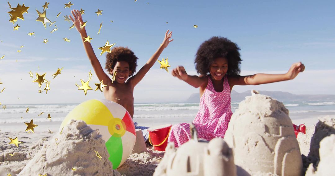 Joyful Children Building Sandcastles on Beach with Confetti