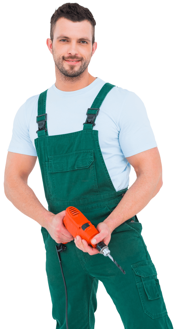 Handyman Holding Power Drill on Transparent Background