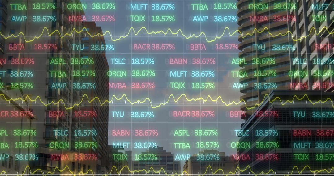 Digital Stock Market Analytics Overlaid on Urban Skyline