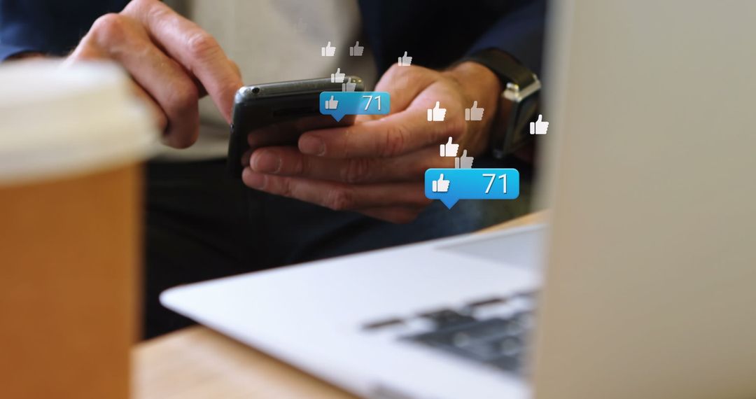 Businessman Engaging on Smartphone with Social Media Icons Display