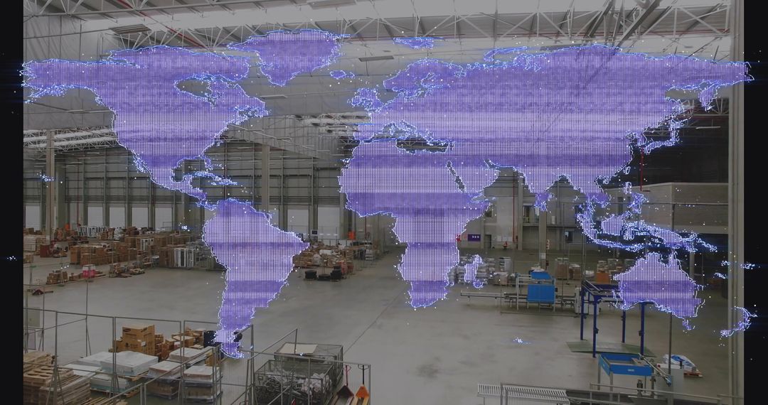 Digital Overlay of World Map in Modern Industrial Warehouse