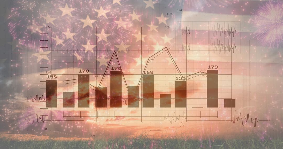 Analytics Overlay on American Flag and Fireworks Panorama