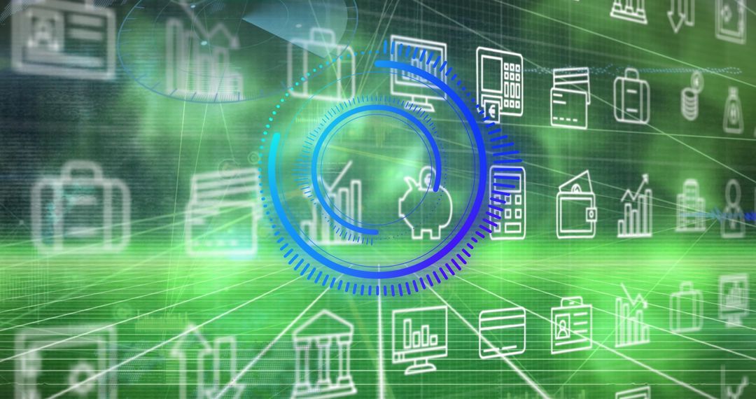 Futuristic Financial and Business Concept Icons with Blue Overlay