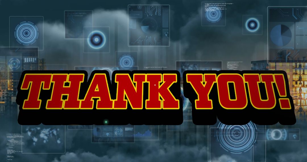 Thank You Message with Digital Interface Overlaid on Cityscape