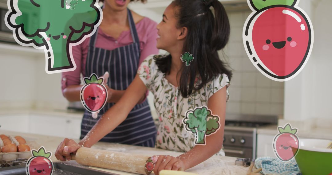 Mother and Daughter Bonding While Preparing Meal with Healthy Theme