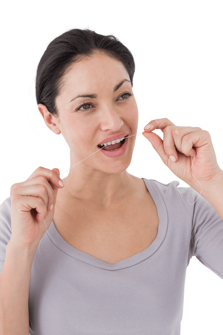 Woman Practicing Dental Hygiene with Floss Transparent Background