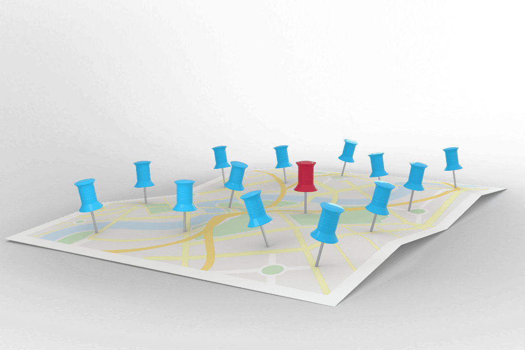 Transparent Digital Map with Colorful Pins Illustrating Journey