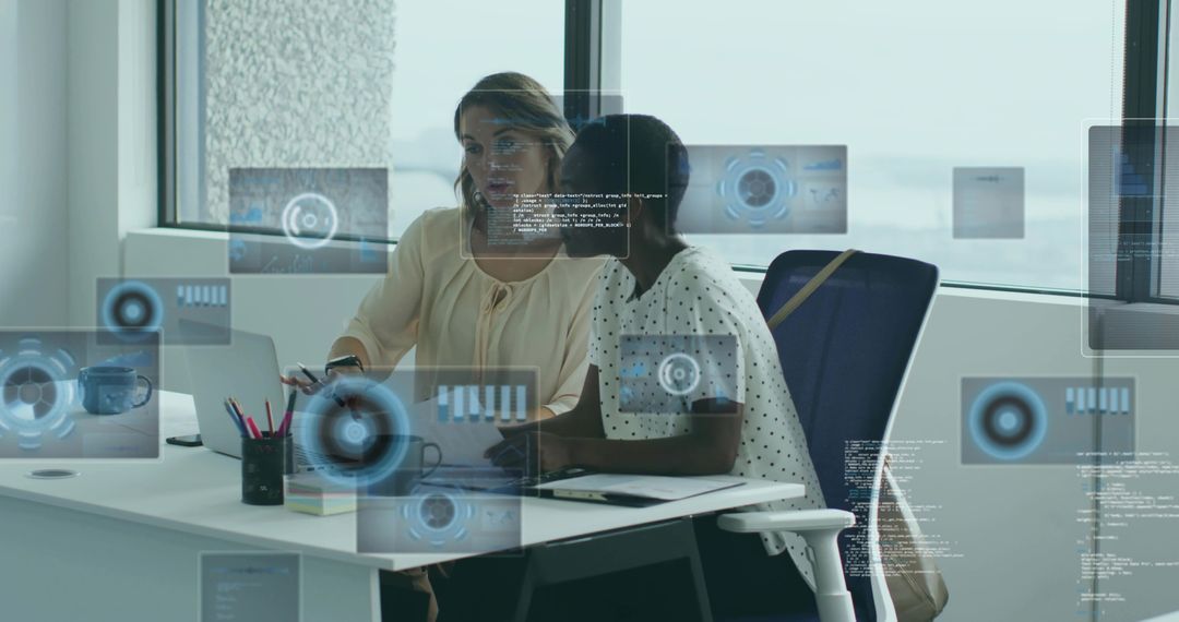 Two Professionals Analyzing Data with Futuristic Graphics at Corporate Office