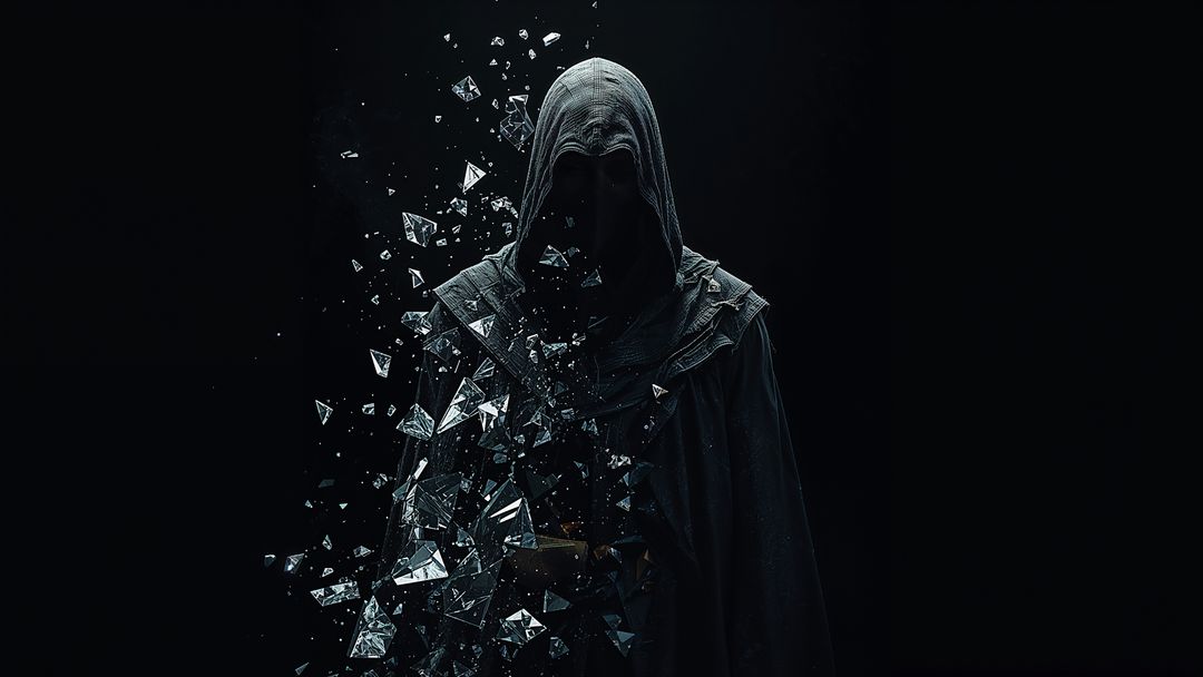 Mysterious cloaked assassin figure dissolving into glass shards