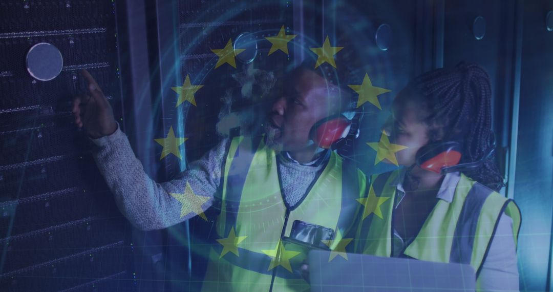 Diverse IT Engineers Managing Data Servers with European Union Stars