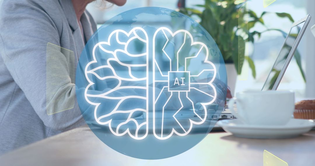 AI Data Overlay with Diverse Professionals and Laptops in Office Setting