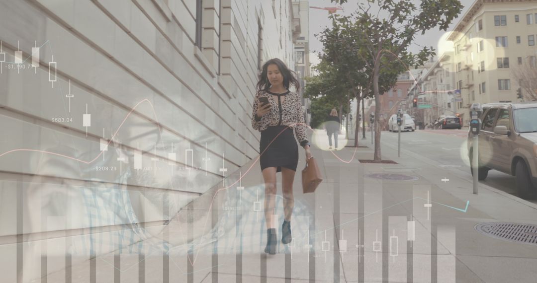 Woman Walking and Using Smartphone with Financial Data Overlay
