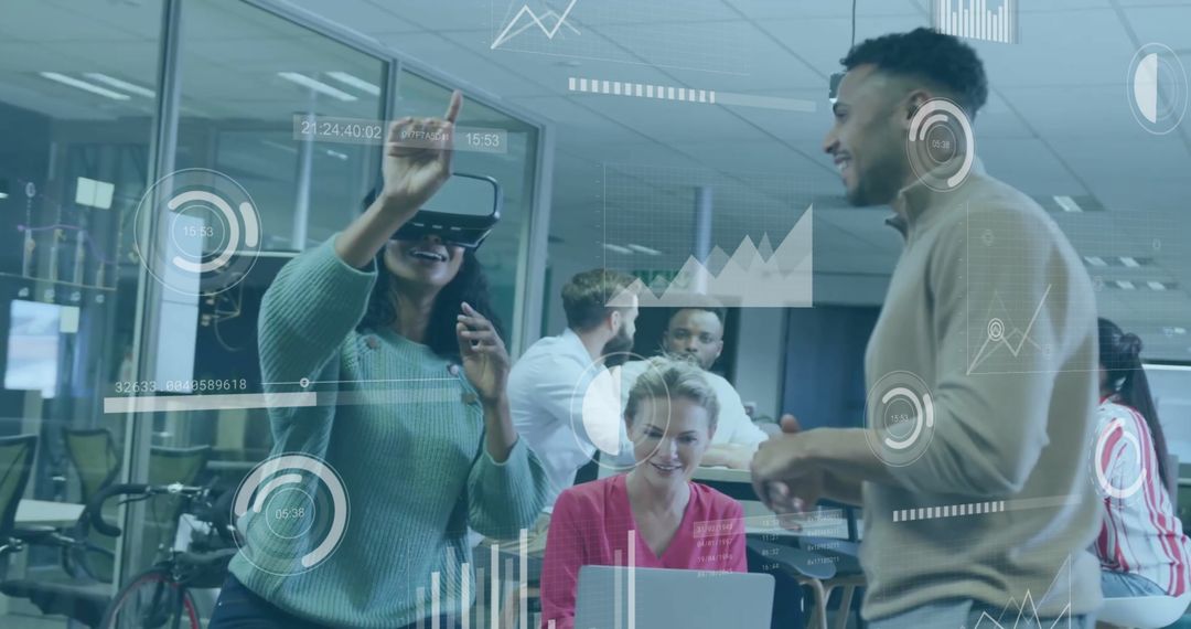 Business Team Engaging with Virtual Reality and Financial Graphics