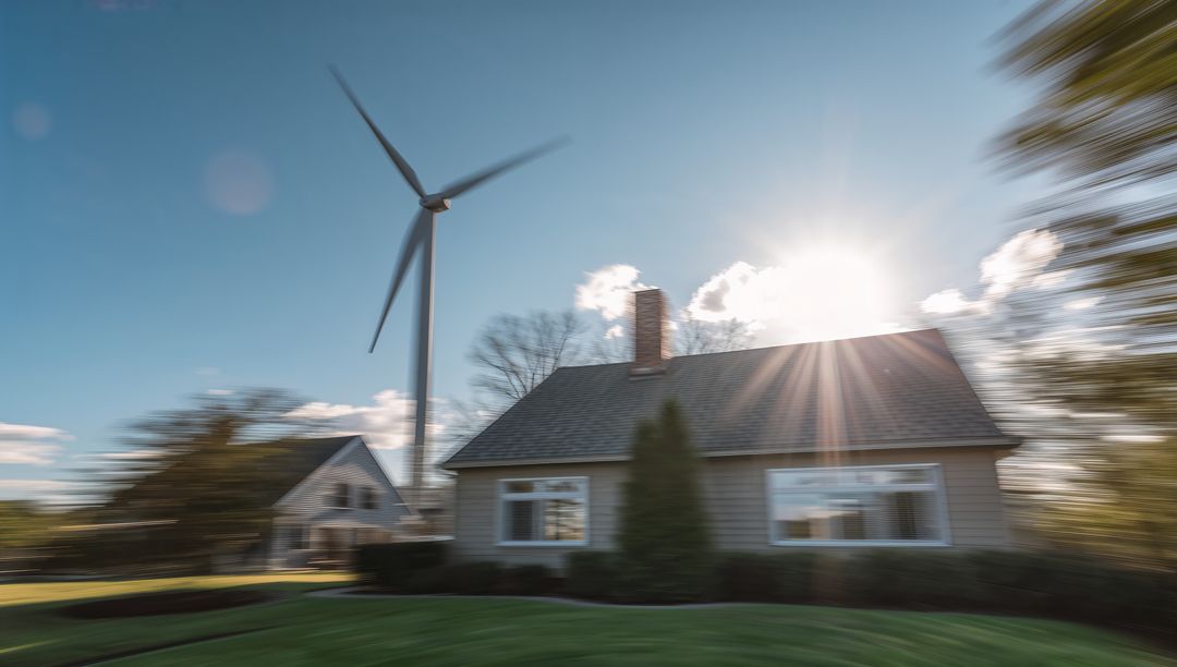 Motion Blur Around Eco-Friendly House With Wind Turbine and Solar Array