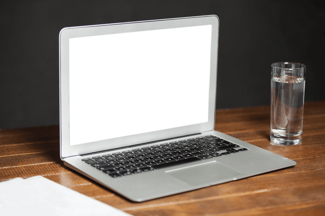 Transparent laptop with black screen on wooden desk