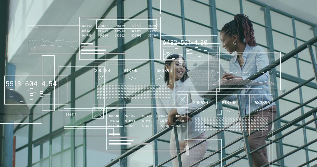 Diverse Professionals Collaborating on Staircase in Modern Office Atrium