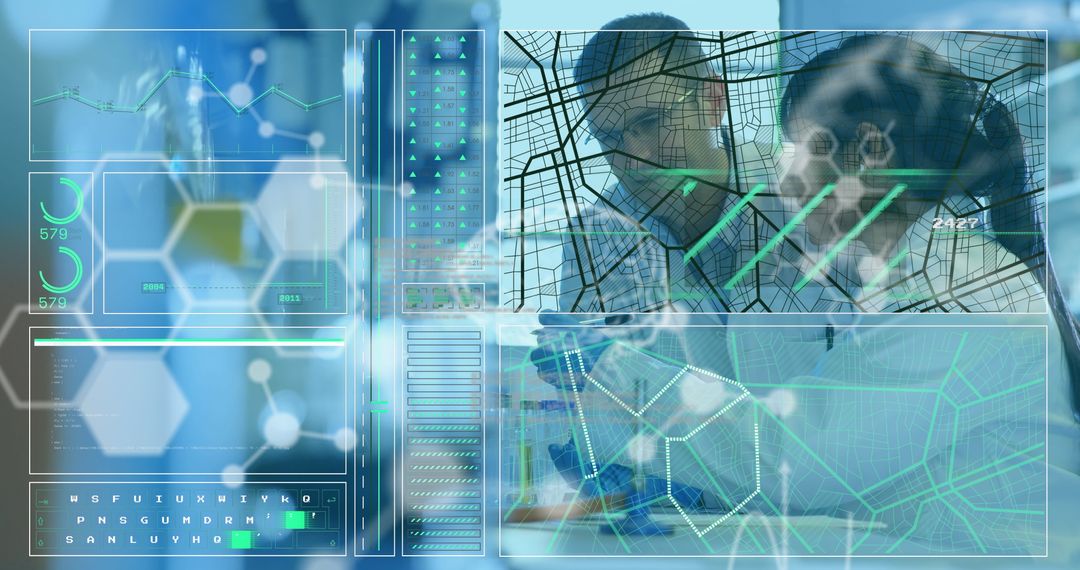 Futuristic Researchers Examining Holographic Wireframe Grids in Laboratory