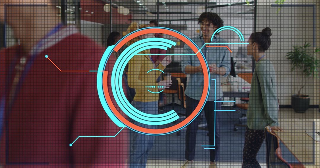 Diverse Office Team Collaborating with Digital Interface Overlay