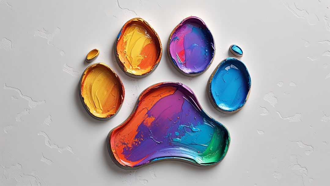 Colorful Pawprint Design Using Mixed Paints on White Textured Canvas