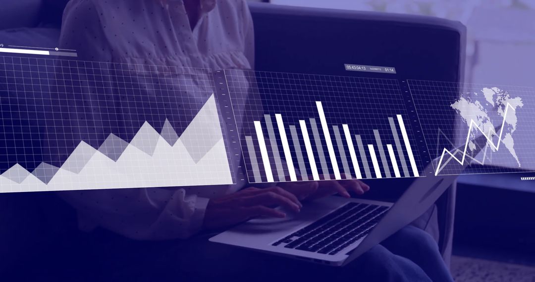 Businesswoman Analyzing Financial Charts on Laptop with Global Data Interface