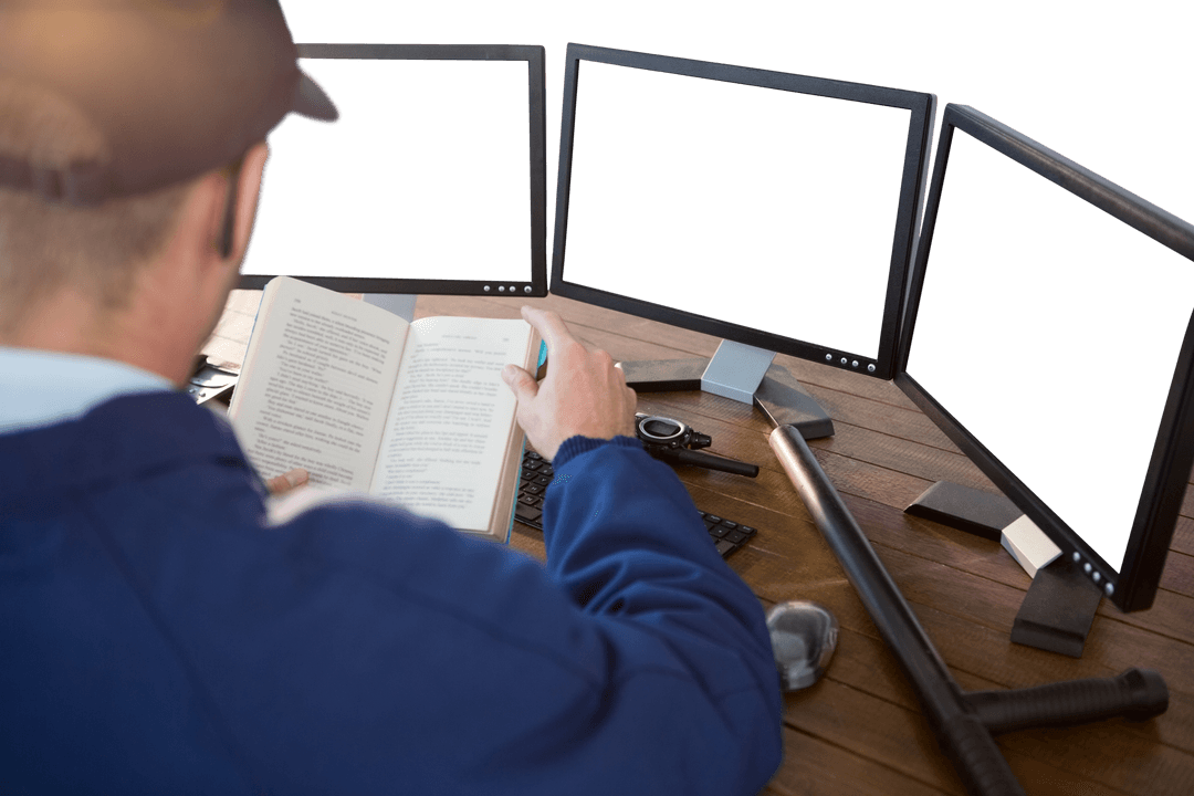 Security Officer Reading at Desk with Computer Monitors Transparent