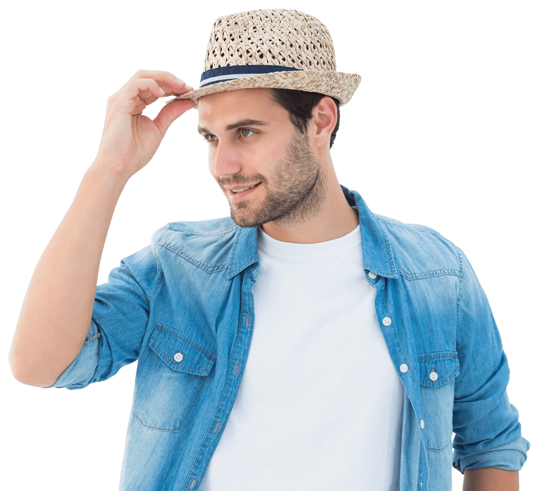 Trendy Man Tipping Straw Hat Isolated on Transparent Background