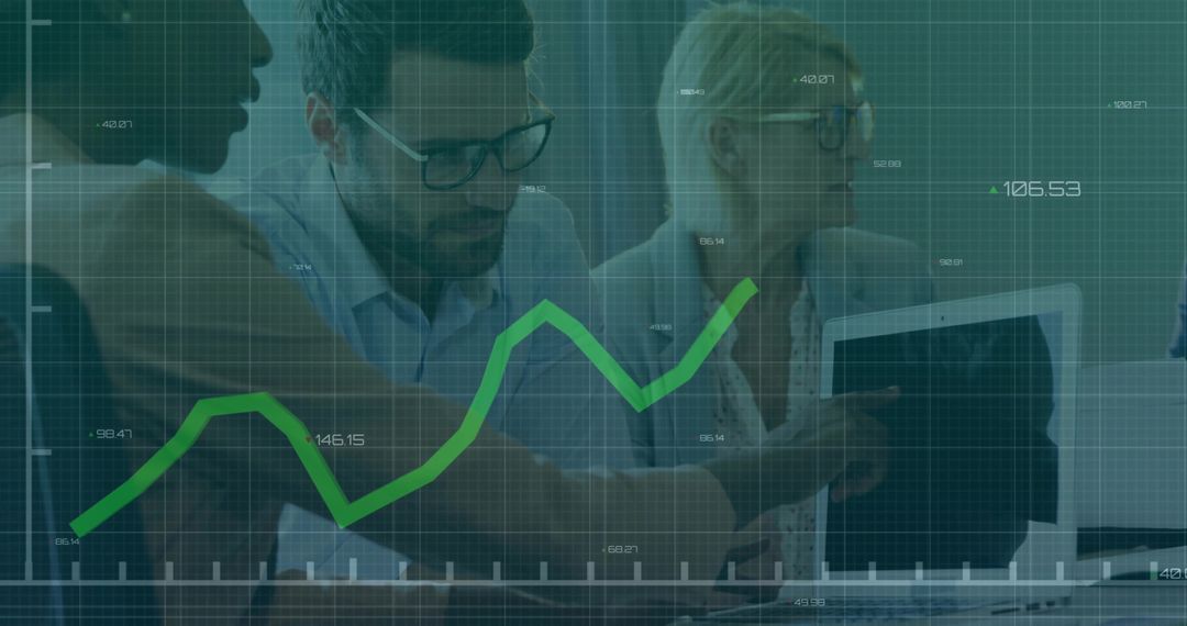 Team Discussing Data with Graph Overlay in Modern Workspace