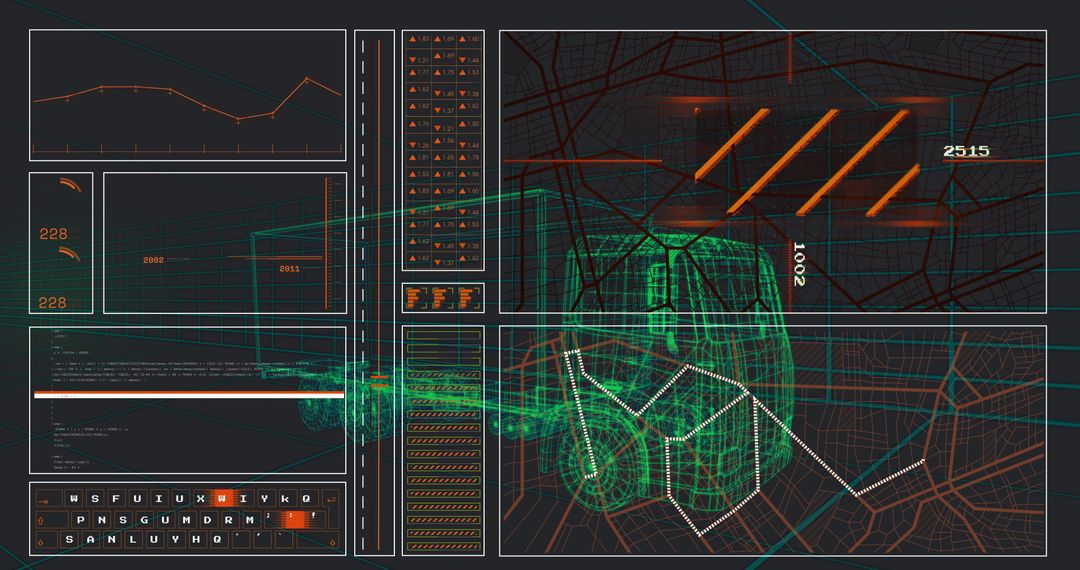 Futuristic 3D Dashboard with Tech-Infused Map and Wireframe Vehicle