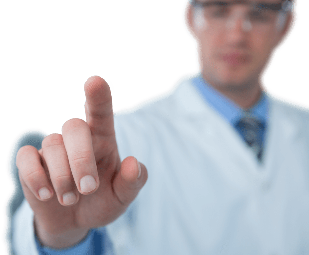 Illustration of Scientist Interacting with Transparent Virtual Interface